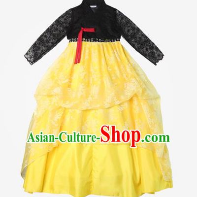 Asian Korean National Handmade Wedding Clothing Palace Bride Hanbok Costume Embroidered Black Lace Blouse and Yellow Dress for Women