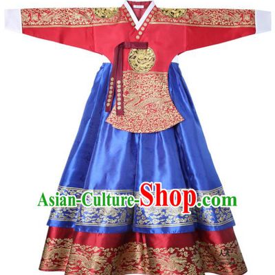 Asian Korean National Handmade Wedding Clothing Palace Bride Hanbok Costume Embroidered Red Blouse and Blue Dress for Women