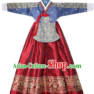 Asian Korean National Handmade Wedding Clothing Palace Bride Hanbok Costume Embroidered Blue Blouse and Red Dress for Women
