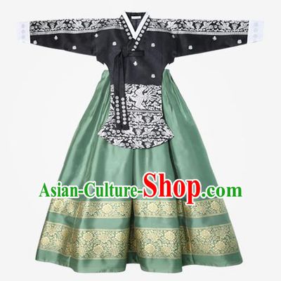 Asian Korean National Handmade Wedding Clothing Palace Bride Hanbok Costume Embroidered Black Blouse and Green Dress for Women