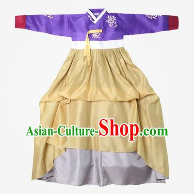 Top Grade Korean National Handmade Wedding Clothing Palace Bride Hanbok Costume Embroidered Purple Blouse and Yellow Dress for Women