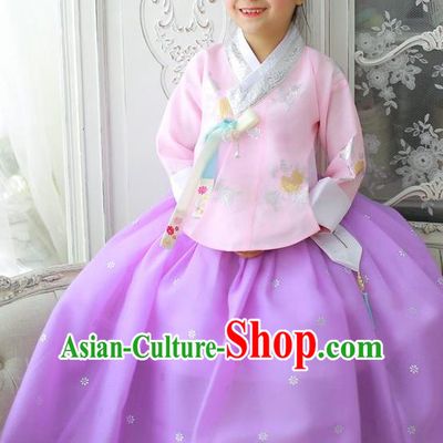 Korean National Handmade Formal Occasions Girls Clothing Palace Hanbok Costume Embroidered Pink Blouse and Purple Dress for Kids