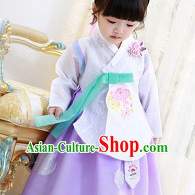 Korean National Handmade Formal Occasions Girls Clothing Palace Hanbok Costume Embroidered White Lace Blouse and Purple Dress for Kids