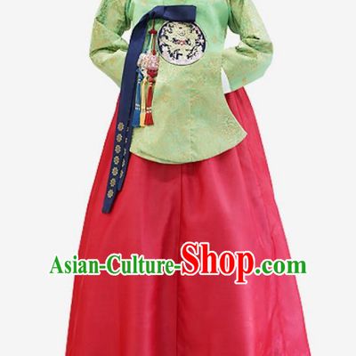 Top Grade Korean National Handmade Wedding Clothing Palace Bride Hanbok Costume Embroidered Green Blouse and Red Dress for Women