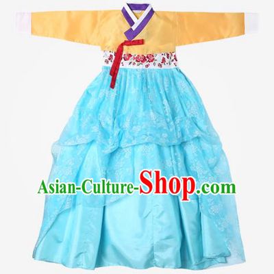 Top Grade Korean National Handmade Wedding Clothing Palace Bride Hanbok Costume Embroidered Yellow Blouse and Blue Dress for Women