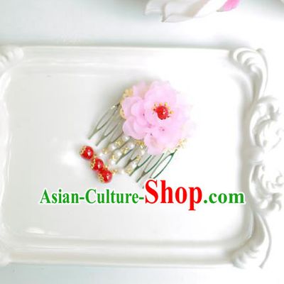 Korean National Hair Accessories Wedding Pink Flower Hair Comb, Asian Korean Hanbok Hair Stick Headwear for Kids