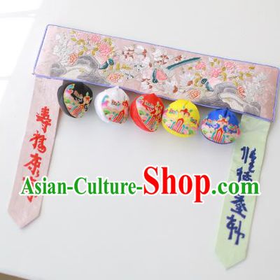 Traditional Korean Accessories Embroidered Birds Flowers Pink Waist Belts, Asian Korean Fashion Waistband Decorations for Kids