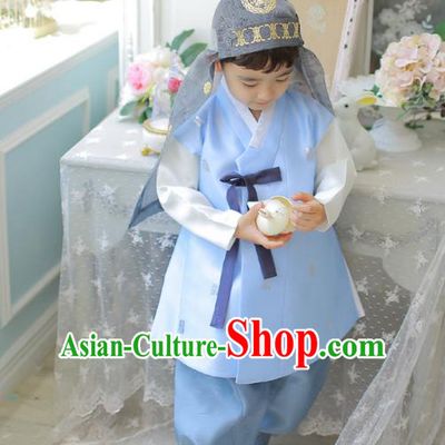 Asian Korean National Traditional Handmade Formal Occasions Boys Embroidery Blue Vest Hanbok Costume Complete Set for Kids