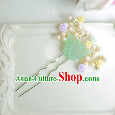 Korean National Hair Accessories Wedding Bride Jade Butterfly Hairpins, Asian Korean Hanbok Hair Stick Headwear for Kids