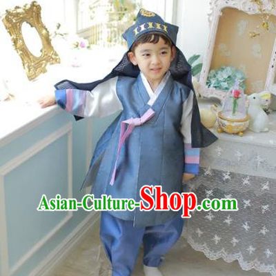 Asian Korean National Traditional Handmade Formal Occasions Boys Embroidery Deep Blue Vest Hanbok Costume Complete Set for Kids