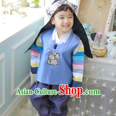 Asian Korean National Traditional Handmade Formal Occasions Boys Embroidery Blue Vest Hanbok Costume Complete Set for Kids
