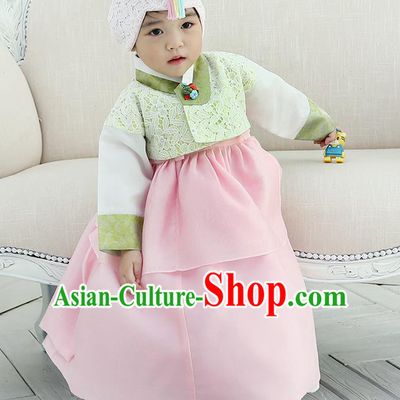 Korean National Handmade Formal Occasions Girls Clothing Palace Hanbok Costume Embroidered Green Lace Blouse and Pink Dress for Kids
