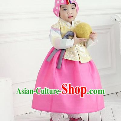 Korean National Handmade Formal Occasions Girls Clothing Palace Hanbok Costume Embroidered Yellow Blouse and Pink Dress for Kids