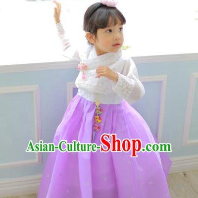 Korean National Handmade Formal Occasions Girls Clothing Palace Hanbok Costume Embroidered White Blouse and Purple Dress for Kids