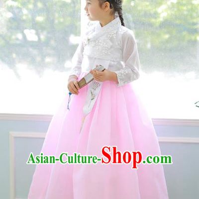 Korean National Handmade Formal Occasions Girls Clothing Palace Hanbok Costume Embroidered White Blouse and Pink Dress for Kids
