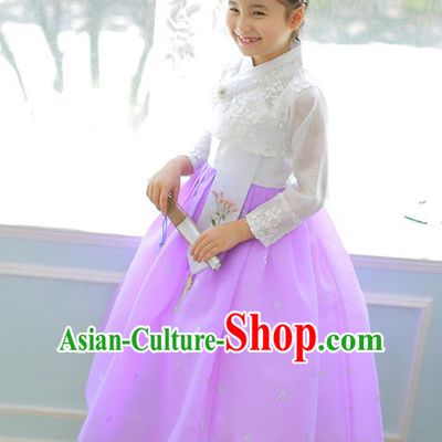 Korean National Handmade Formal Occasions Girls Clothing Palace Hanbok Costume Embroidered White Lace Blouse and Purple Dress for Kids