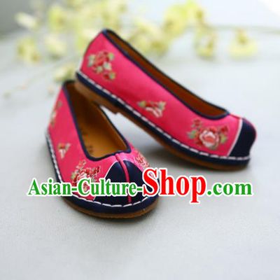 Traditional Korean National Wedding Shoes Red Embroidered Shoes, Asian Korean Hanbok Embroidery Flat Shoes for Kids