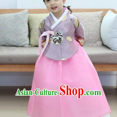 Korean National Handmade Formal Occasions Girls Clothing Palace Hanbok Costume Embroidered Purple Blouse and Pink Dress for Kids