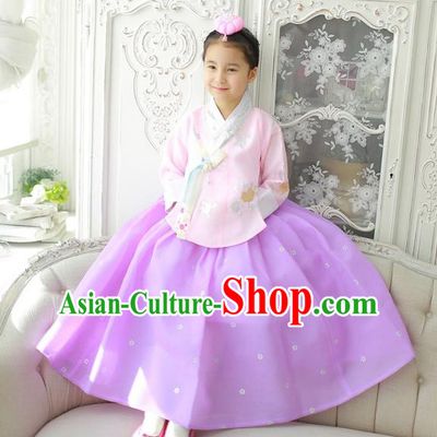 Korean National Handmade Formal Occasions Girls Clothing Palace Hanbok Costume Embroidered Pink Blouse and Purple Dress for Kids