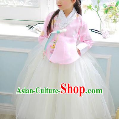 Korean National Handmade Formal Occasions Girls Clothing Palace Hanbok Costume Embroidered Pink Blouse and White Veil Dress for Kids