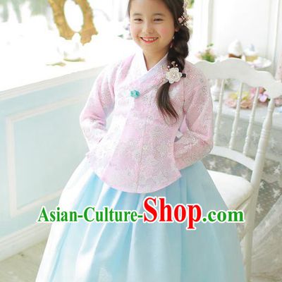Korean National Handmade Formal Occasions Girls Clothing Palace Hanbok Costume Embroidered Pink Lace Blouse and Blue Dress for Kids