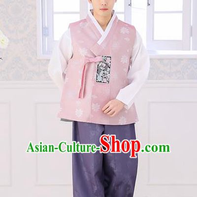 Asian Korean National Traditional Formal Occasions Wedding Bridegroom Embroidery Pink Vest Hanbok Costume Complete Set for Men
