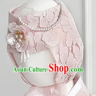 Korean National Bride Hair Accessories Pink Lace Hats, Asian Korean Hanbok Palace Headwear for Kids