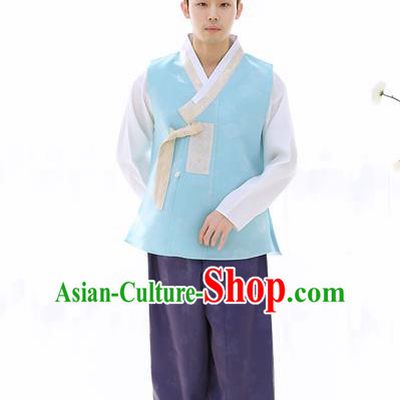 Asian Korean National Traditional Formal Occasions Wedding Bridegroom Embroidery Blue Vest Hanbok Costume Complete Set for Men