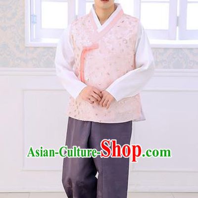 Asian Korean National Traditional Formal Occasions Wedding Bridegroom Embroidery Pink Vest Hanbok Costume Complete Set for Men
