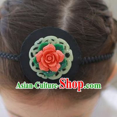 Korean National Bride Hair Accessories Red Flowers Hair Clasp, Asian Korean Hanbok Palace Headband Headwear for Kids