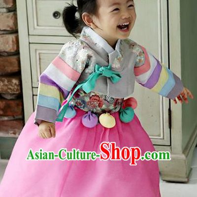 Korean National Handmade Formal Occasions Girls Clothing Palace Hanbok Costume Embroidered Grey Lace Blouse and Pink Dress for Kids