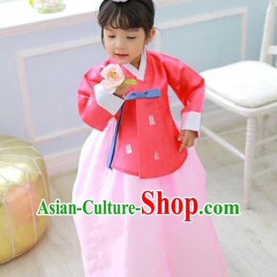 Korean National Handmade Formal Occasions Girls Clothing Palace Hanbok Costume Embroidered Red Blouse and Pink Blue Dress for Kids