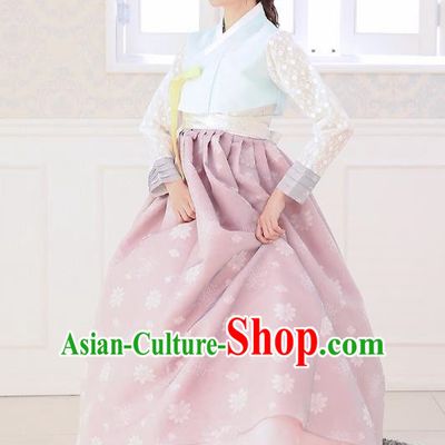 Top Grade Korean National Handmade Wedding Clothing Palace Bride Hanbok Costume Embroidered Blue Blouse and Purple Dress for Women