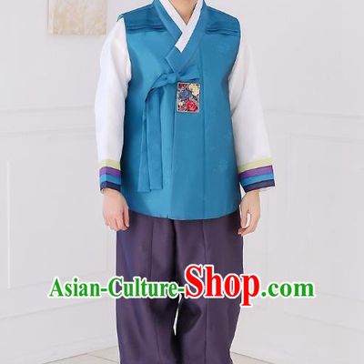 Asian Korean National Traditional Formal Occasions Wedding Bridegroom Embroidery Blue Vest Hanbok Costume Complete Set for Men