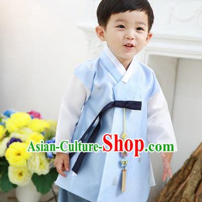 Asian Korean National Traditional Handmade Formal Occasions Boys Embroidery Blue Vest Hanbok Costume Complete Set for Kids