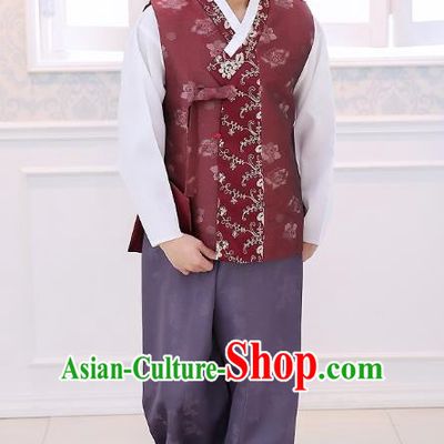 Asian Korean National Traditional Formal Occasions Wedding Bridegroom Embroidery Wine Red Vest Hanbok Costume Complete Set for Men