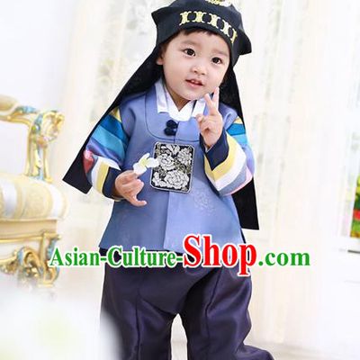 Asian Korean National Traditional Handmade Formal Occasions Boys Embroidery Blue Vest Hanbok Costume Complete Set for Kids