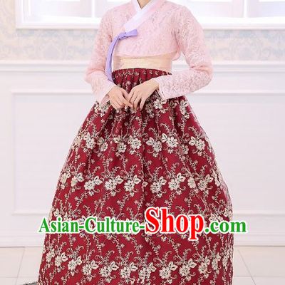 Top Grade Korean National Handmade Wedding Clothing Palace Bride Hanbok Costume Embroidered Pink Blouse and Red Dress for Women