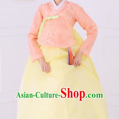 Top Grade Korean National Handmade Wedding Clothing Palace Bride Hanbok Costume Embroidered Orange Blouse and Yellow Dress for Women