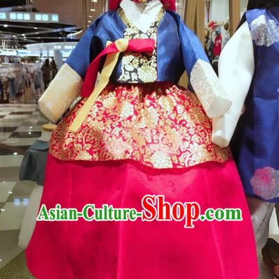 Korean National Handmade Formal Occasions Girls Clothing Palace Hanbok Costume Embroidered Blue Blouse and Red Dress for Kids