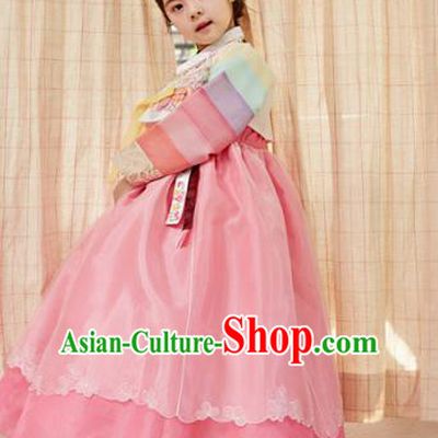 Korean National Handmade Formal Occasions Girls Clothing Palace Hanbok Costume Embroidered White Blouse and Pink Dress for Kids