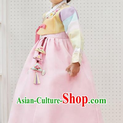 Korean National Handmade Formal Occasions Girls Clothing Palace Hanbok Costume Embroidered Yellow Blouse and Pink Dress for Kids