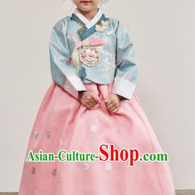 Korean National Handmade Formal Occasions Girls Clothing Palace Hanbok Costume Embroidered Blue Blouse and Pink Dress for Kids