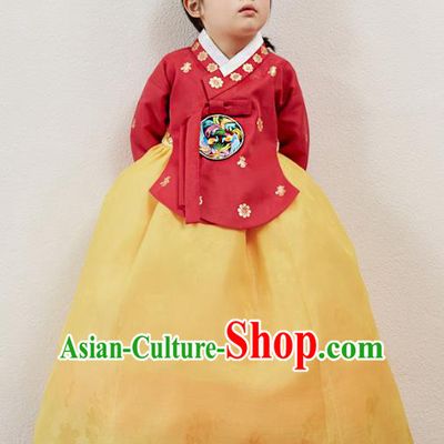 Korean National Handmade Formal Occasions Girls Clothing Palace Hanbok Costume Embroidered Red Blouse and Yellow Dress for Kids