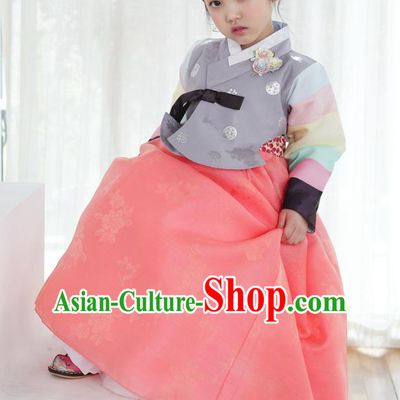 Korean National Handmade Formal Occasions Girls Clothing Palace Hanbok Costume Embroidered Grey Blouse and Pink Dress for Kids