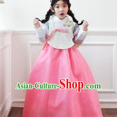 Korean National Handmade Formal Occasions Girls Clothing Palace Hanbok Costume Embroidered Beige Blouse and Pink Dress for Kids