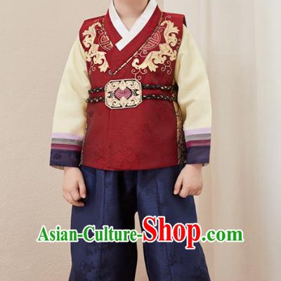 Asian Korean National Traditional Handmade Formal Occasions Boys Embroidery Wine Red Vest Hanbok Costume Complete Set for Kids