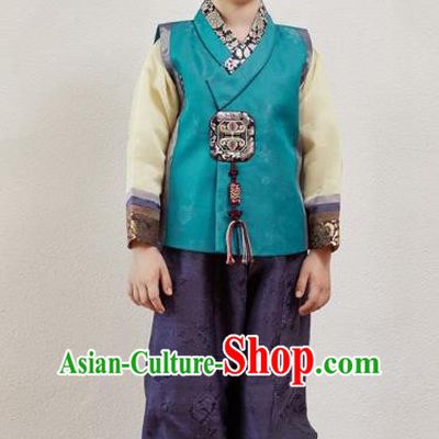 Asian Korean National Traditional Handmade Formal Occasions Boys Embroidery Peacock Blue Vest Hanbok Costume Complete Set for Kids