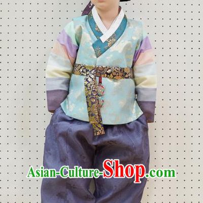 Asian Korean National Traditional Handmade Formal Occasions Boys Embroidery Blue Vest Hanbok Costume Complete Set for Kids