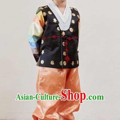Asian Korean National Traditional Handmade Formal Occasions Boys Embroidery Black Vest Hanbok Costume Complete Set for Kids